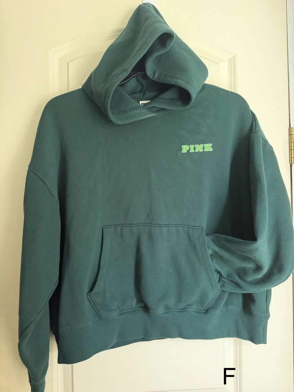 PINK Victoria's Secret‎ campus Dark Green crop  Hoodie with Lime Logo L